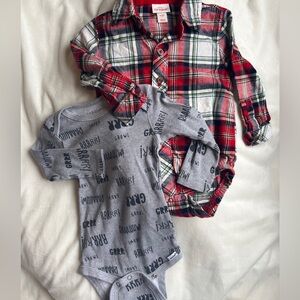 Baby Boy 6-9 Month Red Plaid Button-Up and Gray Graphic Onesie Set